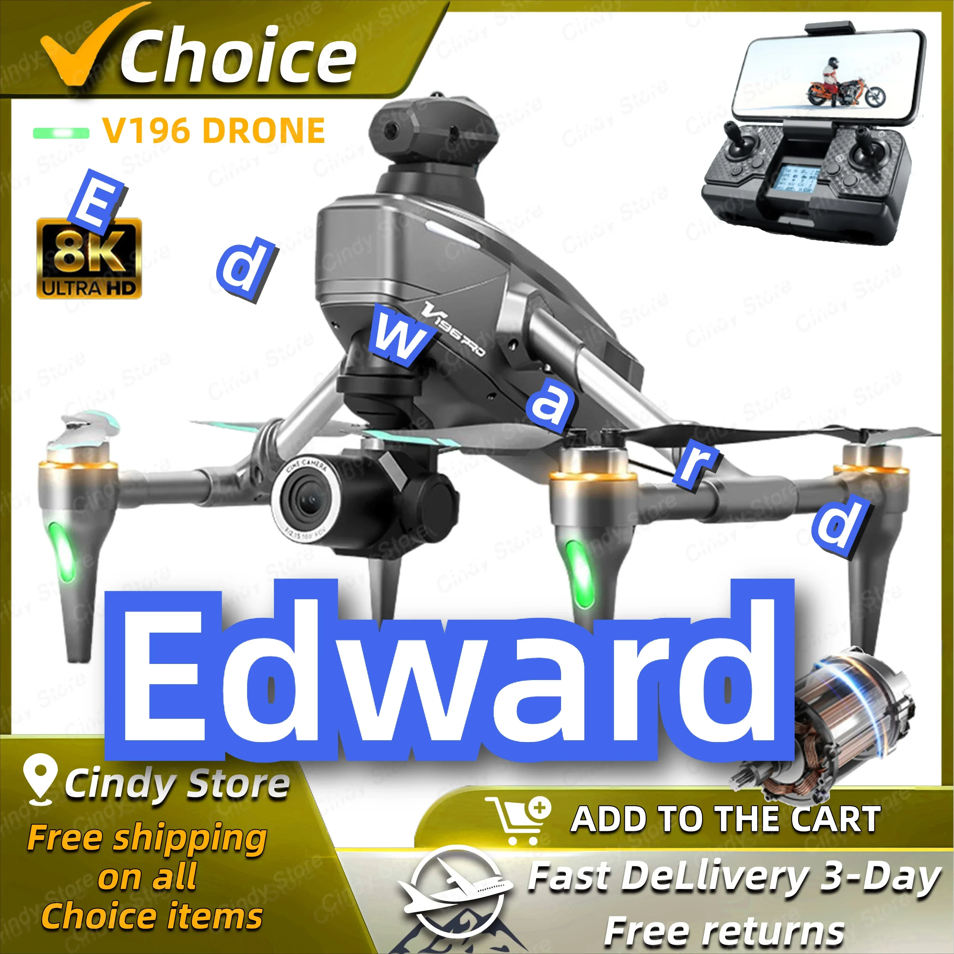 Edward V196 Drone Fpv 8K kamera ganda profesional, mainan Quadcopter lipat RC menghindari hambatan FPV WIFI tanpa sikat