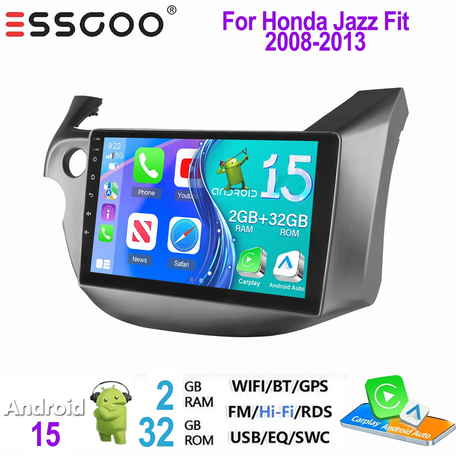 ESSGOO 2 DIN autoradio voor Honda Jazz Fit 2008-2013 Android 15 met draadloze Carplay, Android Auto, GPS, NAVI, WIFI, SWC, RDS, FM, ASP