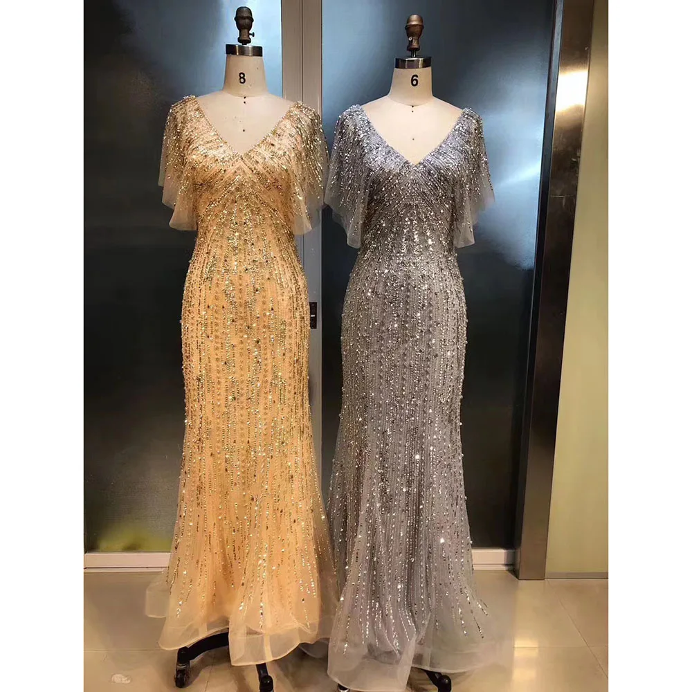 Luxury Dubai Mermaid Evening Dress for Women 2023 Elegant Beads Sequin Handmade V Neck Long Formal Prom Wedding Party Gowns