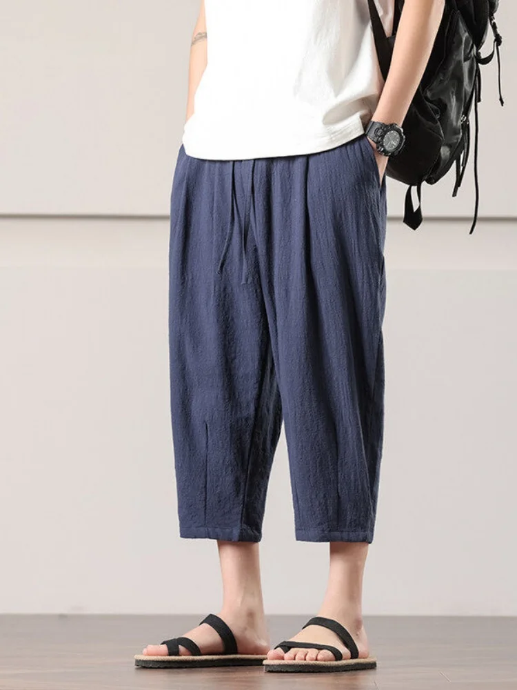 

Мужские летние повседневные брюки свободного кроя из тонкого хлопка и льна, дышащие, легкие, прямого кроя, длиной 7/8