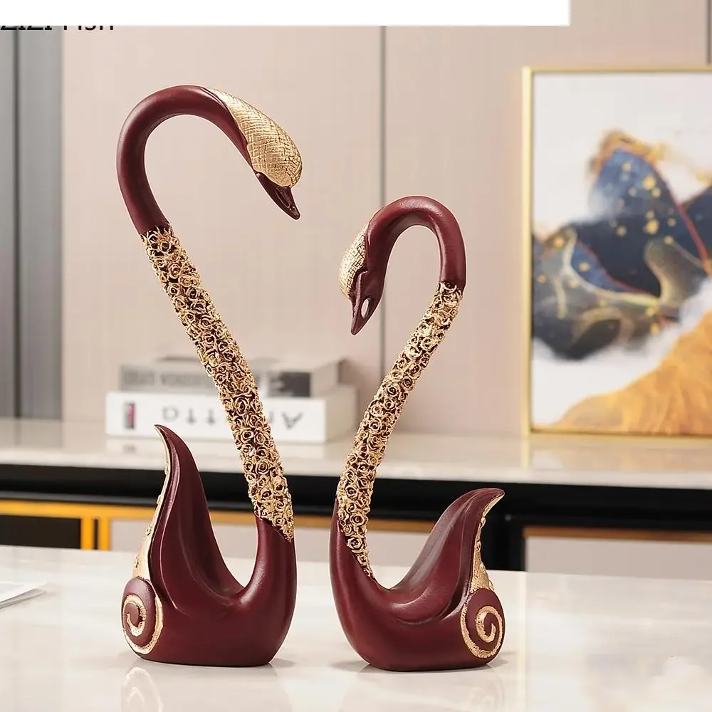 Gilded Swan Couples Statue 2 Pcs Resin Figurine Crafts Sculpture Lovers Cute Animal Ornaments Modern Decor Desk Decoration