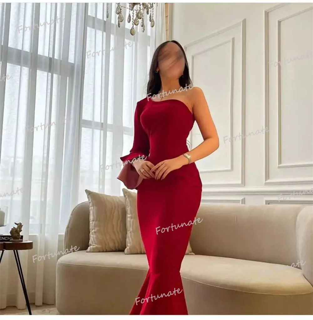 Fortunate Suadi Arabia Red One Shoulder Evening Dress Mermaid Satin Full Sleeves Floor Length Evening Party Gowns Robe De Soirée