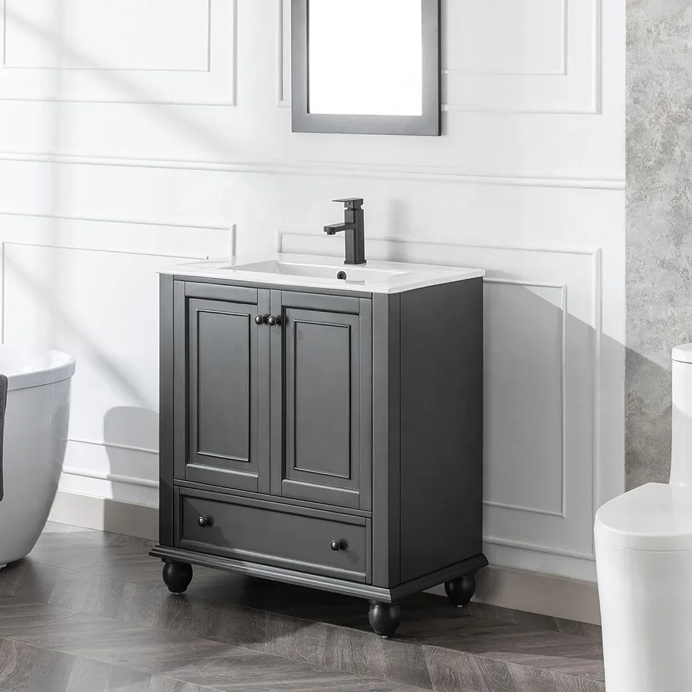 

-Custom 30-inch black and white plywood modern bathroom cabinet set with hotel/home sink