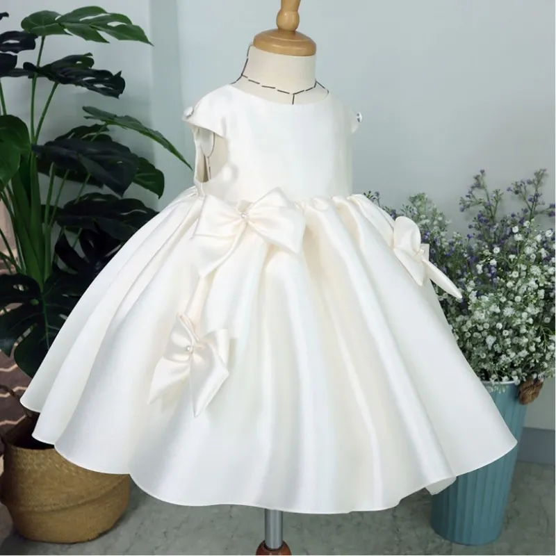 Baby Girl Princess Bow Silk Dress Infant Toddler Child Elegant Pearl Ruffled Vestido Party Pageant Birthday Baby Clothes 1-14Y