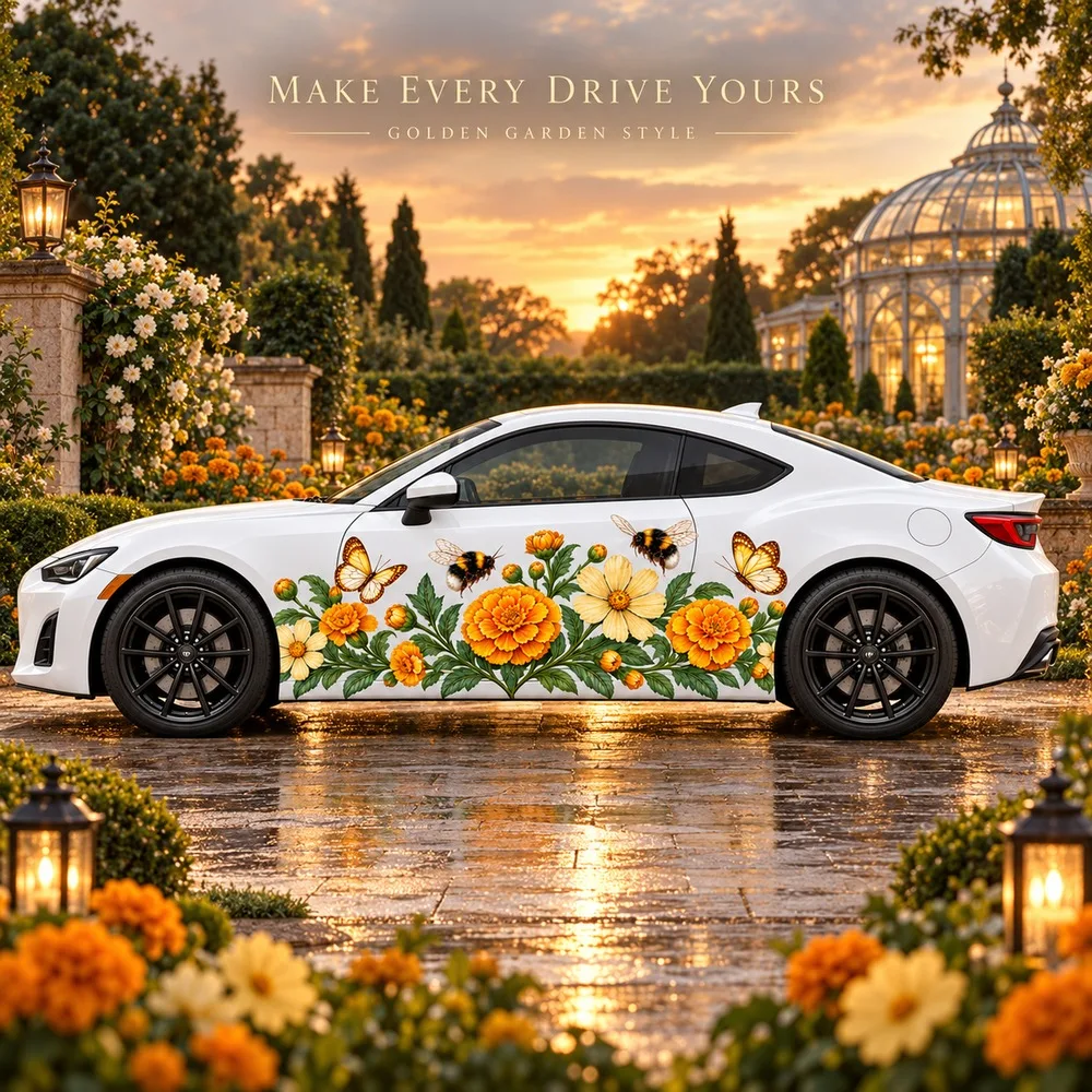 2 PCS Golden Daisy and Butterfly Car Side Decals, Marigold Flower and Bee Die-Cut Vinyl Sticker Set