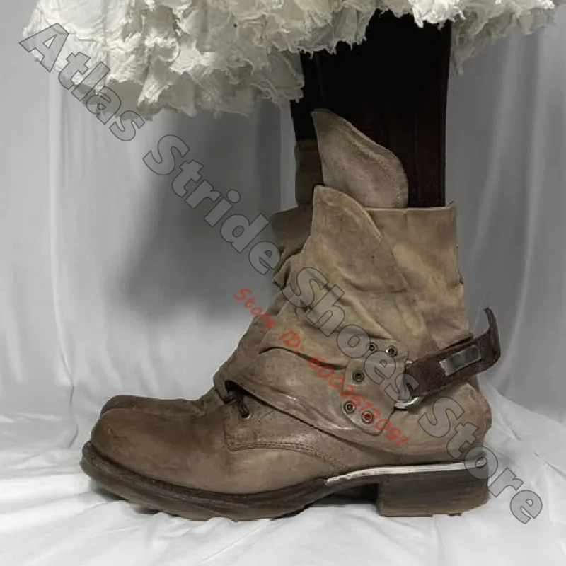 Retro Washed Brown Slouchy Leather Biker Boots For Women Texture Ankle Boots Side Metal Buckle Zipper Punk Casual Shoes
