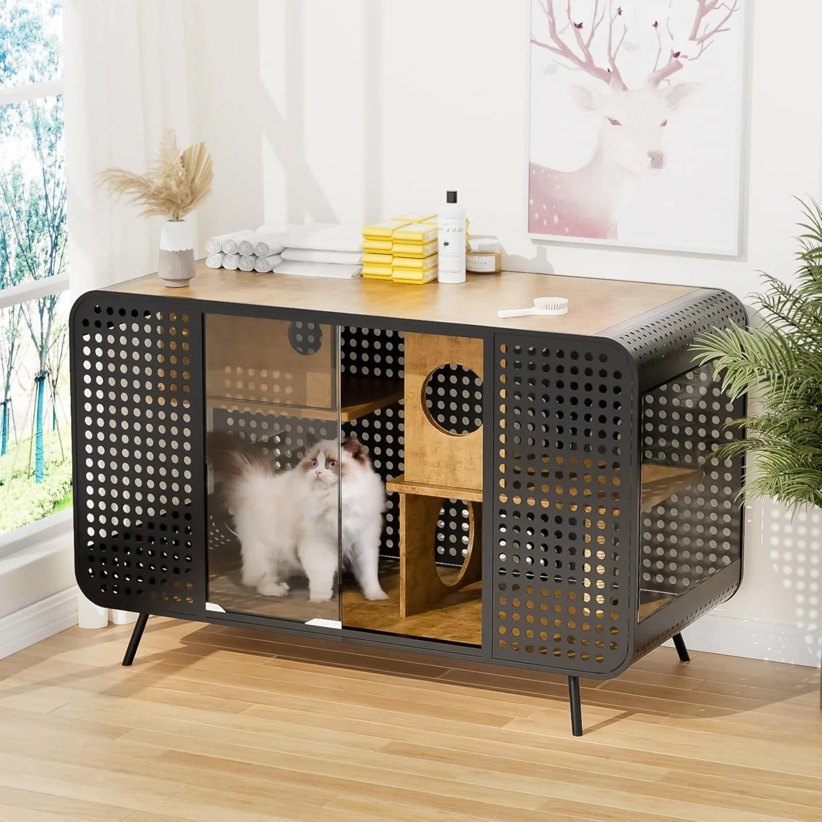 

US Cat Cabinet House Furniture with Glass, Cat Villa House Furniture, Large Multi-Function Cat House with Scratch Pad, Modern