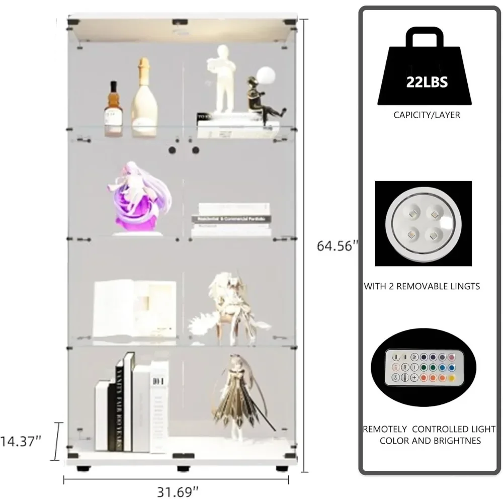 XMSJ Clear Glass Display Cabinet, 64.5 in, with Lock and Light, Collectibles Display Cabinet, Floor Standing Displays Case