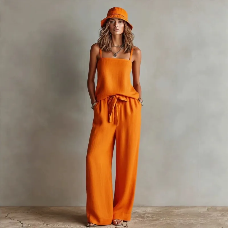 Women Solid Pants Two Piece Sets Summer Spaghetti Strap Cami Top Drawstring Wide Leg Palazzo Pants  Casual Loose Versatile Sets