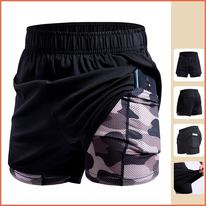 

2in1 Marathon Running Men's Shorts Camouflage Tights Inside Pocket Summer Training Quick Dry Sportswear Gym Muscle Workout