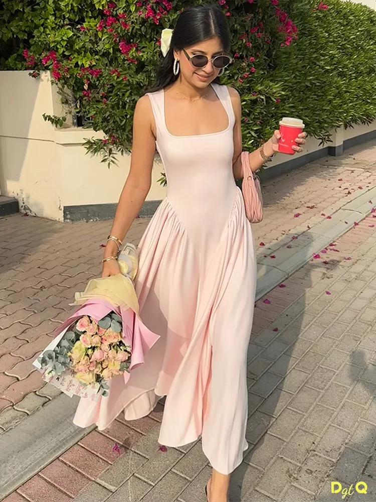 Różowa elegancka sukienka z kwadratowym dekoltem i długim paskiem dla kobiet Elegancka sukienka bez rękawów z wysokim stanem Lady Holiday Dailywear