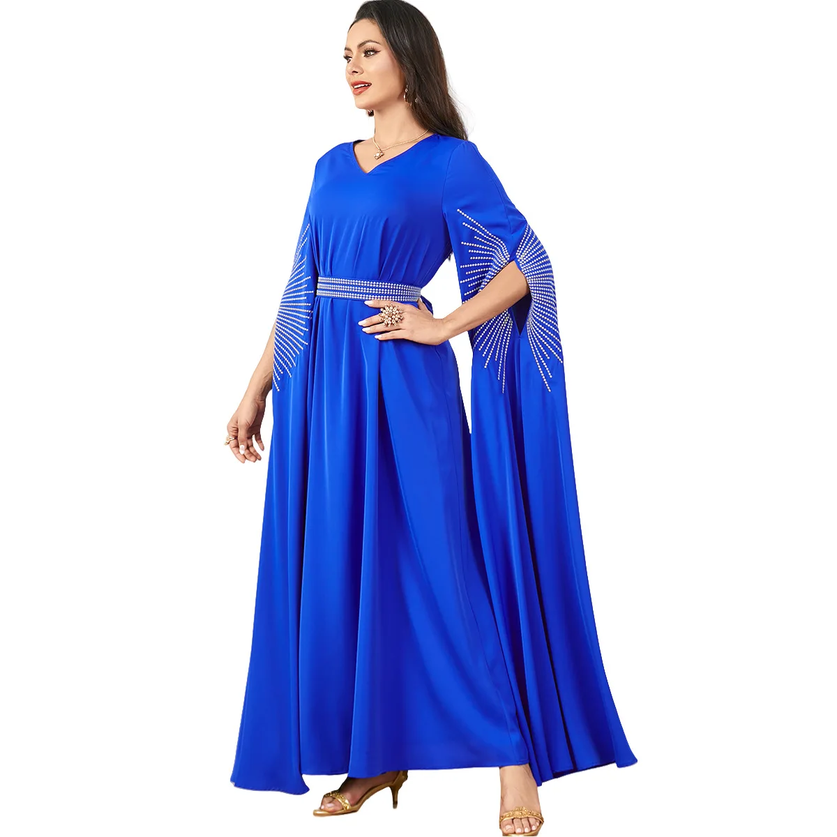Middle East Amazon Cross border Muslim Robe Solid Color Embroidered Extra Long Sleeve Women's Dress