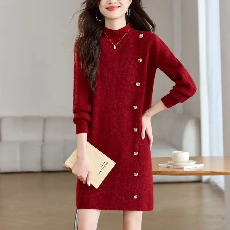 Autumn Winter Women's Long Sleeve Pullover Sweater Knitted Solid Color Screw Thread Button Half High Collar Office Lady Dress