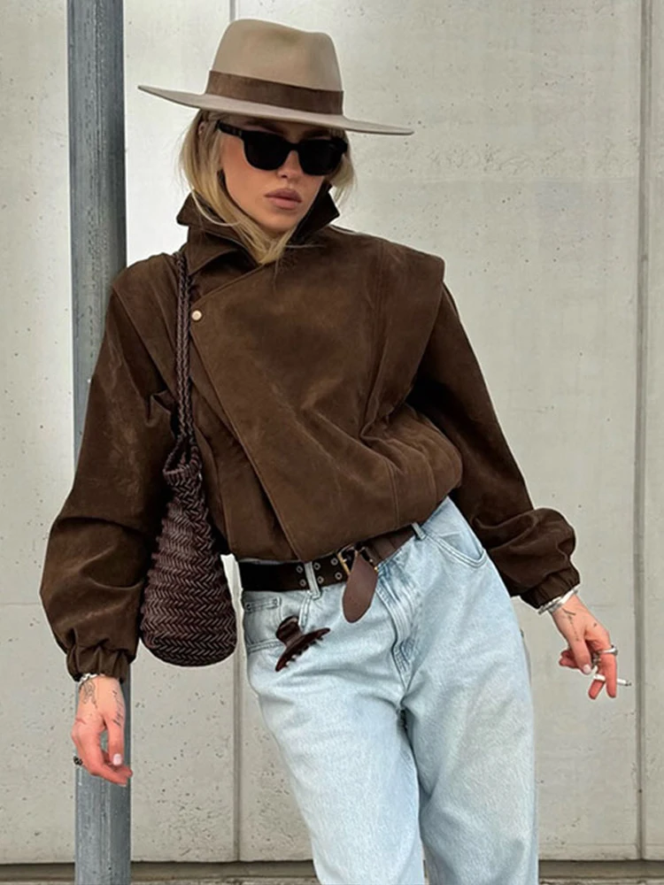 

Повседневная замшевая короткая куртка женская однотонная с длинным рукавом с лацканами на молнии и карманами на пуговицах свободные пальто 2023 осень-зима шикарная женская верхняя одежда