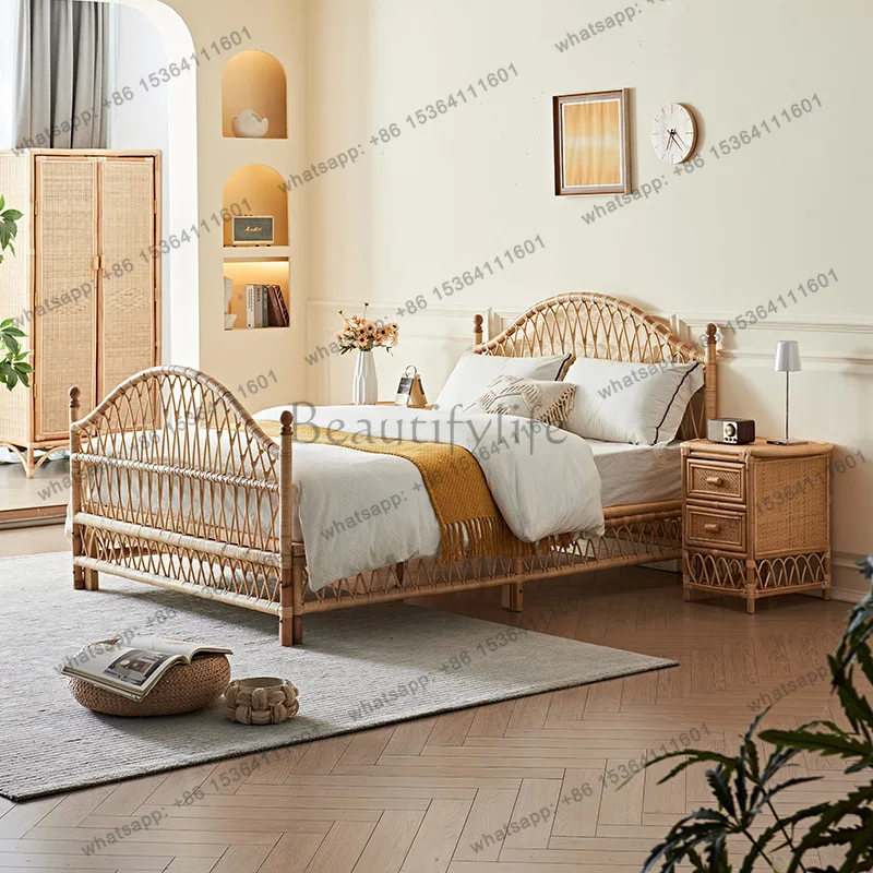 New Chinese handmade rattan bed wabi-sabi style second-hand 1.8 meter double half-moon rattan bed