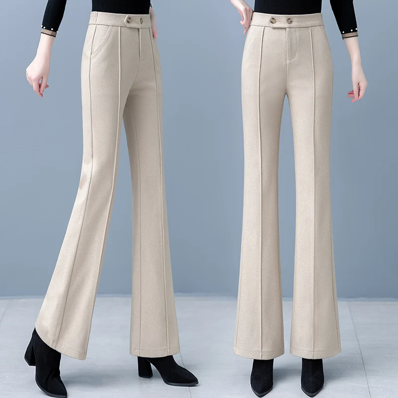 High Waist Fleece Lined Micro Flared Trousers Women's 2025 New Style Spring Autumn Plaid Pants European Goods Best Selling