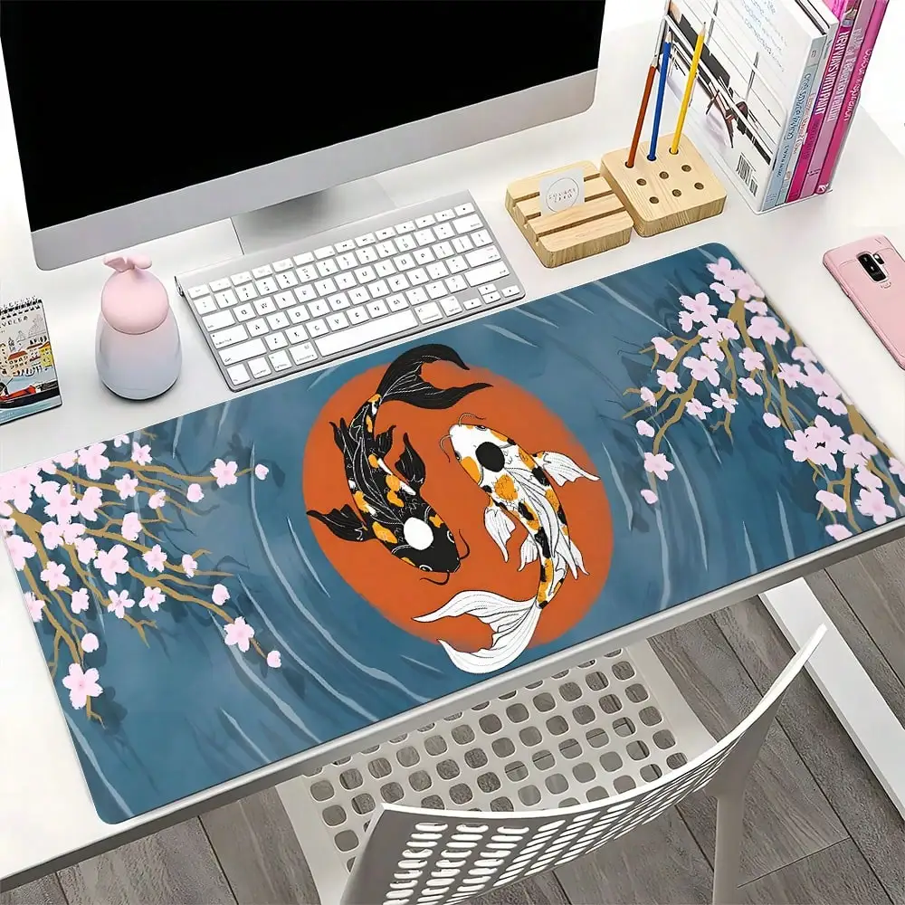 1pc Extra Large Extended Cherry Blossom Yin Yang Koi Fish Water Ripple Pattern Mouse Pad, Soft Fabric Keyboard Mat With Anti-Slip Rubber Base And Stitched