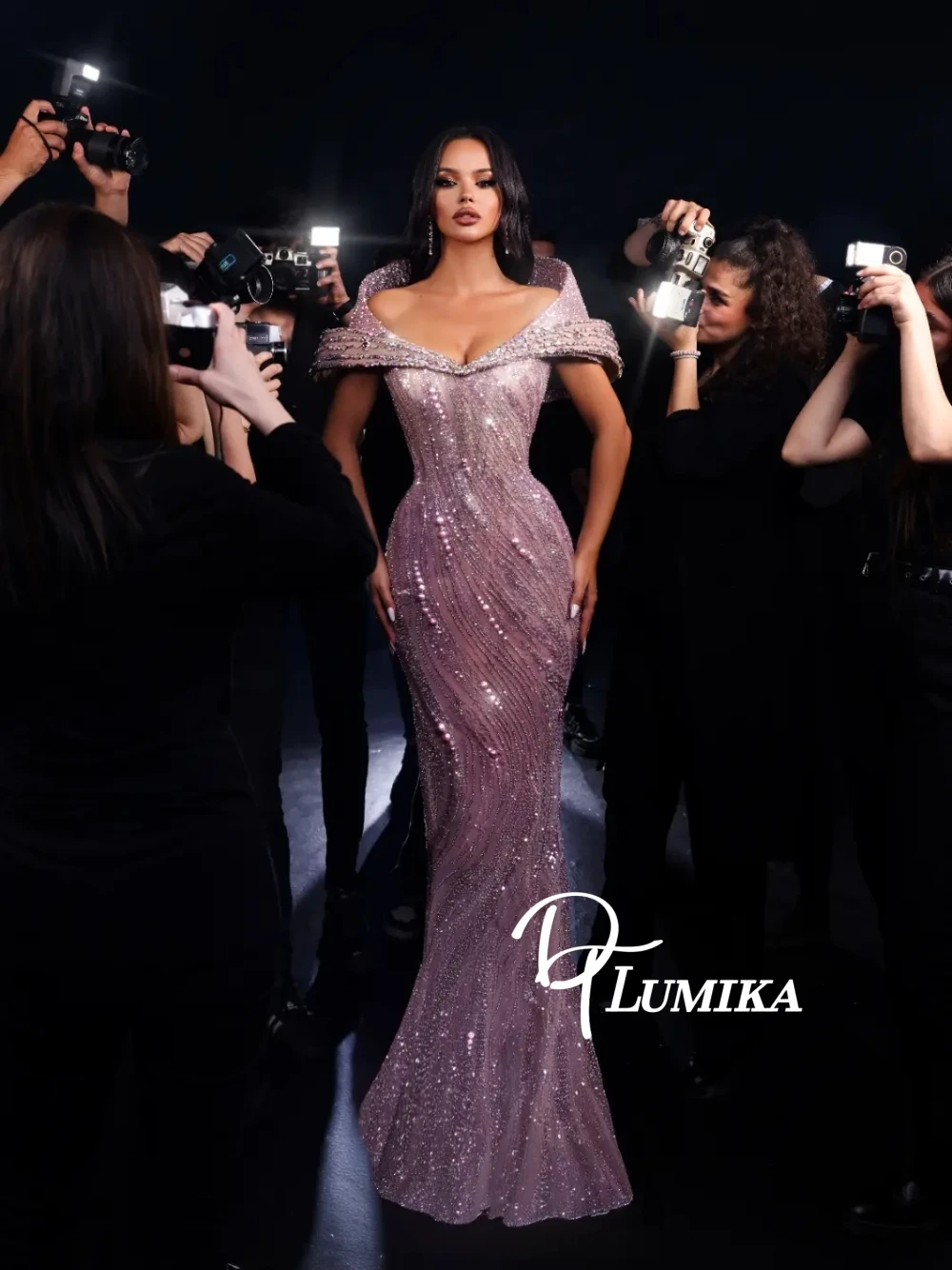

Statement Sexy Off-Shoulder Lilac Sparkle Prom Dress Rhinestones Pearls Embellished Bodycon Evening Gown Luxury Formal Wear
