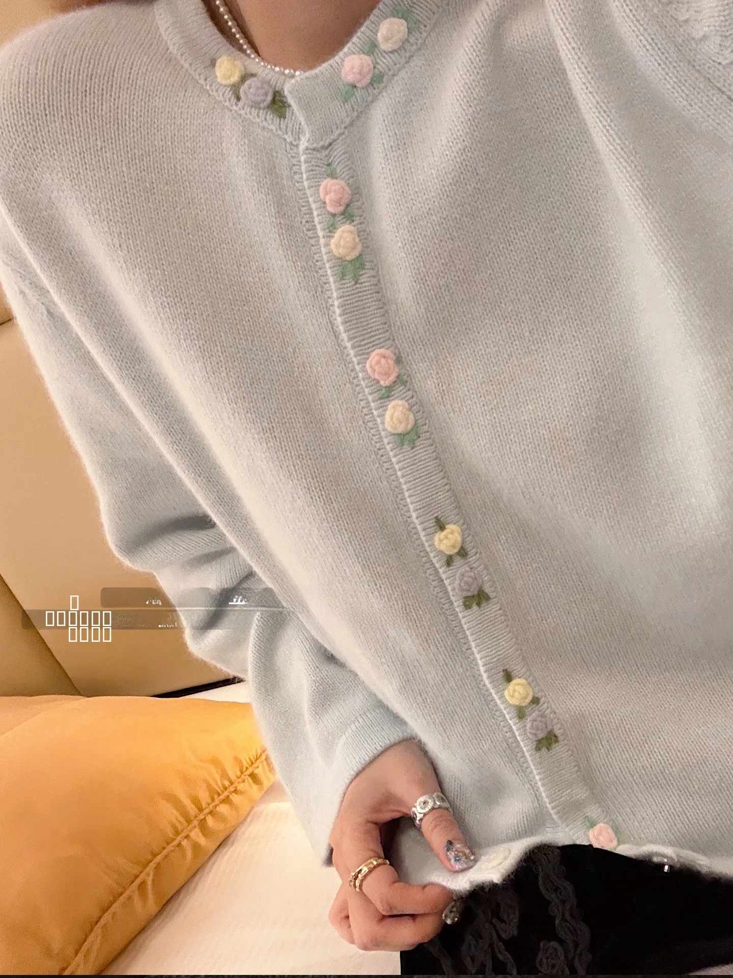 

Vimas Vintage Retro Heisei Sle 3D Hand Crocheted Flower Handle Ice Blue Sweater Cardigan Women's Faion Winter Warm Cardigan