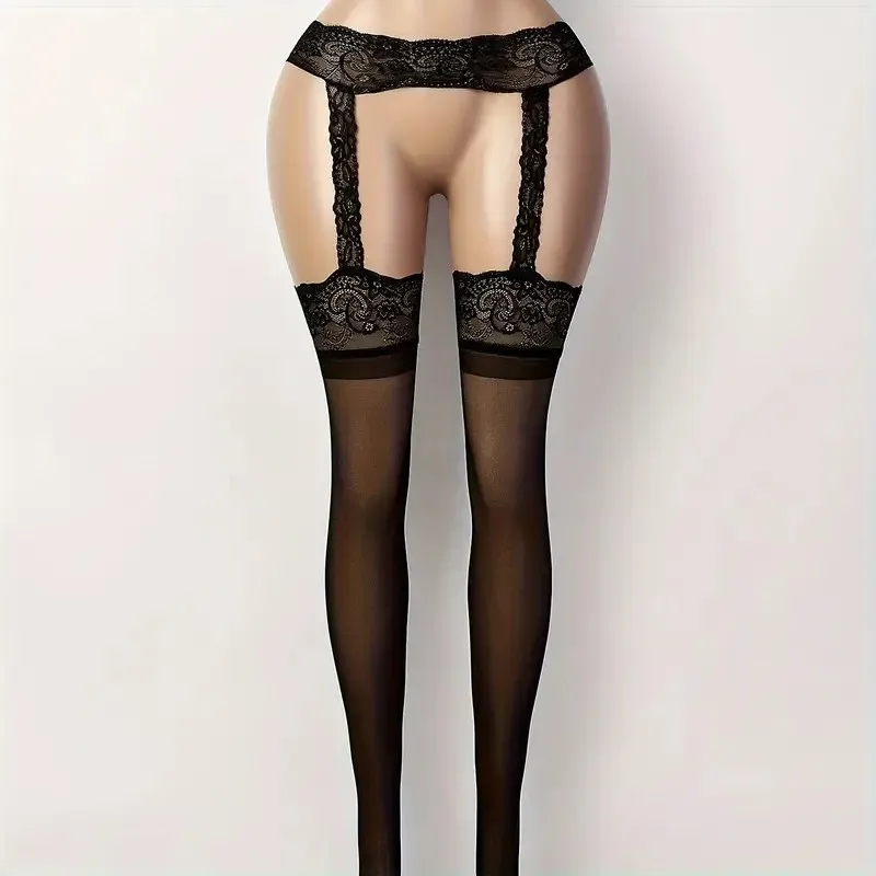 النساء جوارب مثير الملابس الداخلية جوارب طويلة عبر الدانتيل جوارب الدانتيل جوفاء الرباط حزام عالية أنبوب Crotchless جوارب شبكية