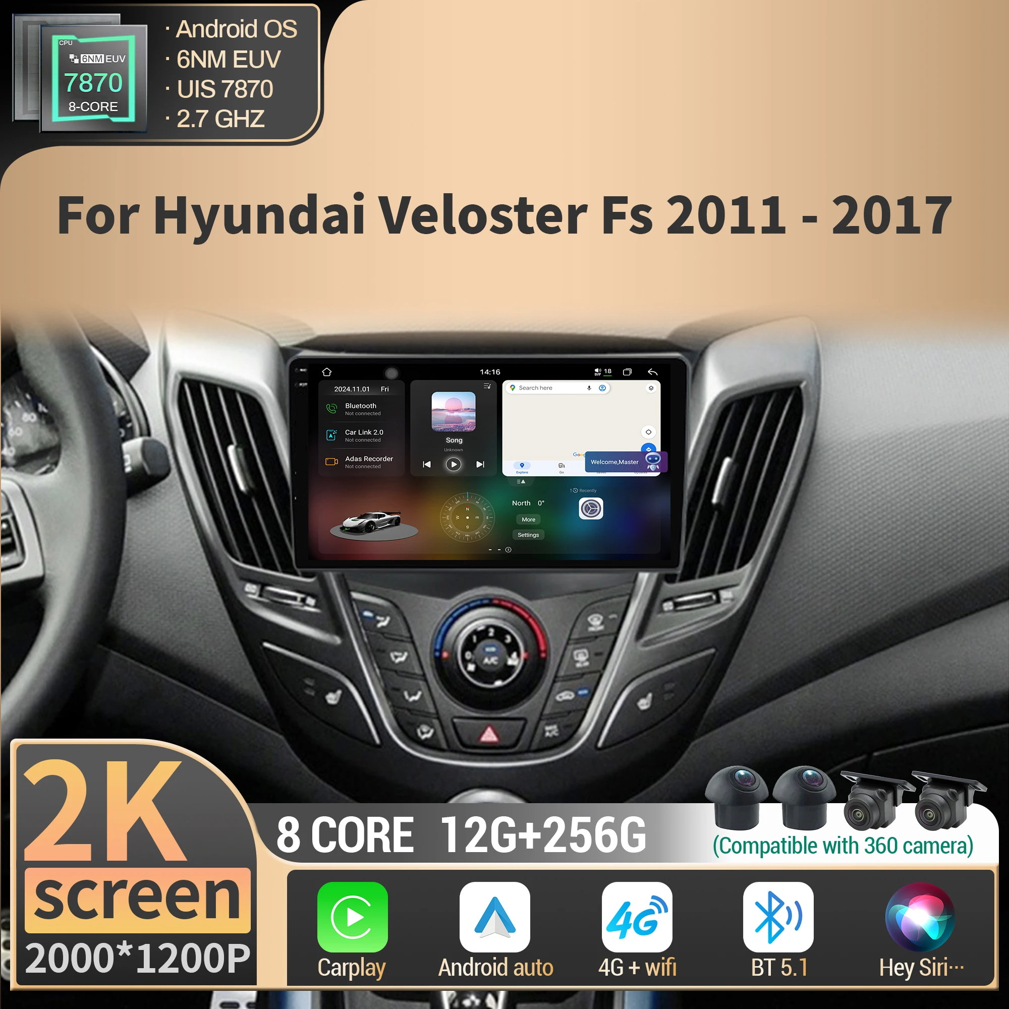 

Android 14 For Hyundai Veloster Fs 2011-2017 Car Radio Multimedia Navigation Carplay 4G GPS CPU 7870 2K QLED Screen Stereo