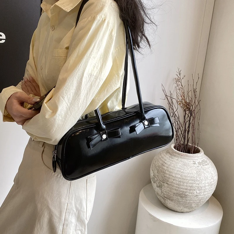 New Korean Elegant Handmade Leather Shoulder Bag Women Trendy British College Style Underarm Bag Casual Versatile Baguette Bag