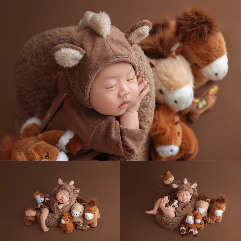 

2026 Year of Horse Theme Baby Animal Costume Adorable Furry Stuffed Horse Dolls for Baby Photographers Studio Professional Props