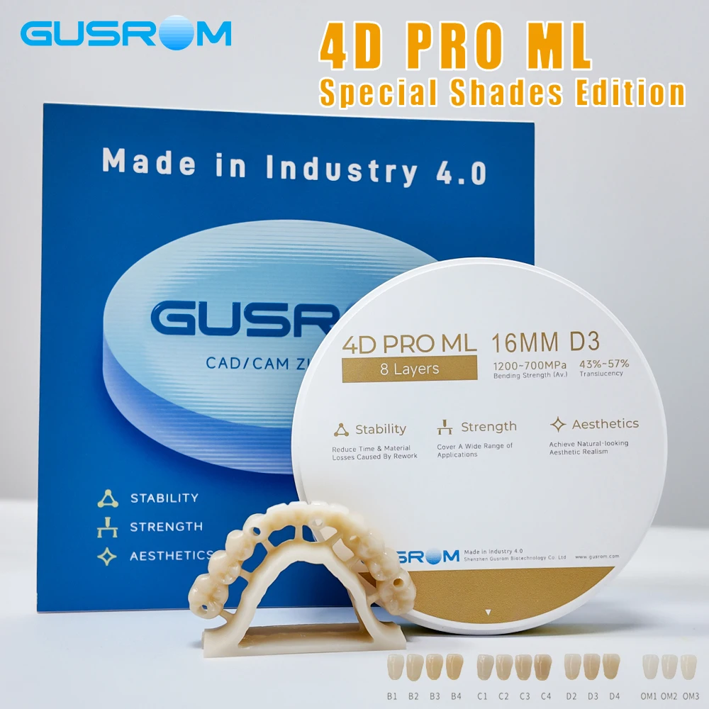 

GUSROM 4D PRO ML Multilayer Zirconia Block 98mm 8 Layers Special Shades B C D OM Dental Zirconia Disc CAD CAM Crown Bridge 1200M