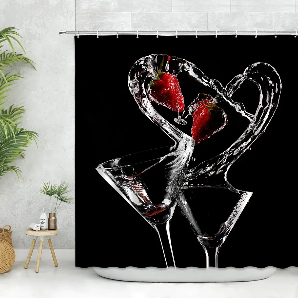 Red Wine Shower Curtain Champagne Wine Glass Romantic Rose Flower Love Bathroom Wall Hanging Curtains Modern Screen bath Decor