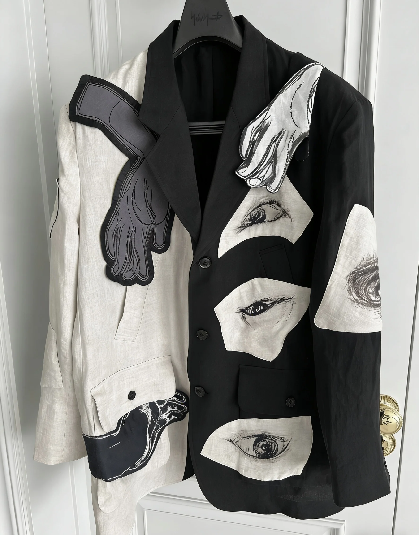 

TOP-YAMAMOTO оригинальный дизайн льняной лоскутный костюм с нашивками для глаз и рук Черно-белый костюм