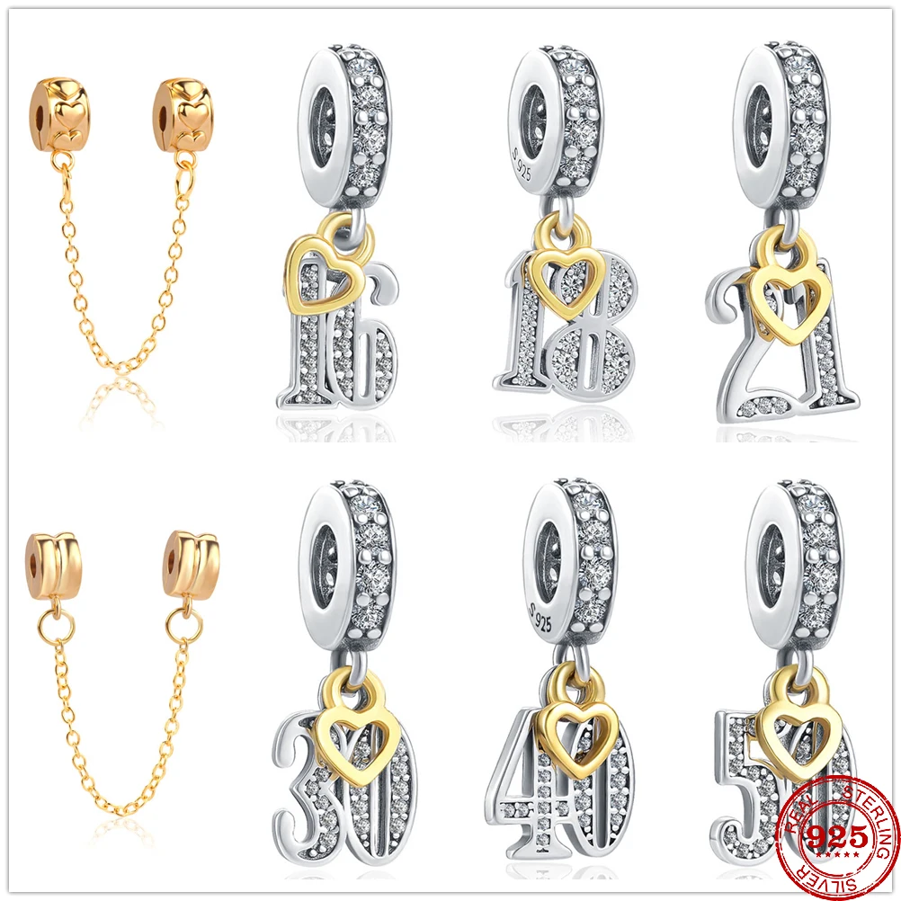 925 encantos de prata esterlina para fazer jóias, Pulseira Pandora Original, Dangle Bead, Números 16, 18, 21, 30, 40, 50, Novo