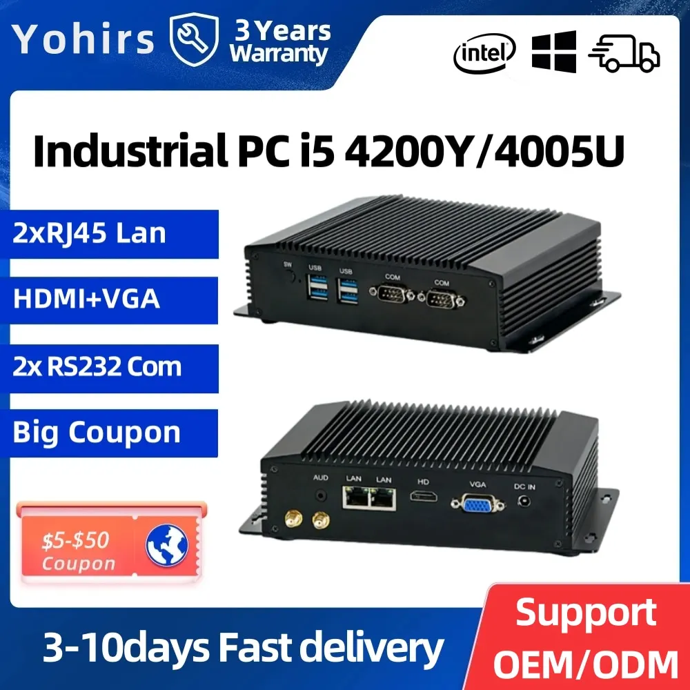 Yohirs-미니 산업용 컴퓨터, I5 4200Y I3 4010Y 셀러론 J4125 2955uU 듀얼 RJ45 Lans 2 x COM HD VGA 임베디드 마이크로 PC SIM 카드