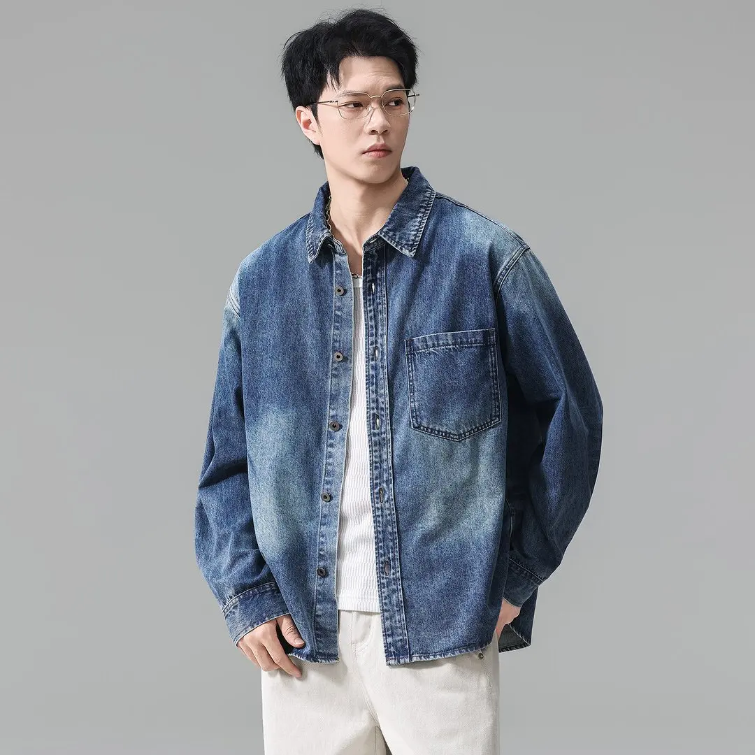 Men's Long Sleeve Loose Casual Vintage Washed Denim Shirt Jacket Cityboy Streetwear Oversize Shirt Coat