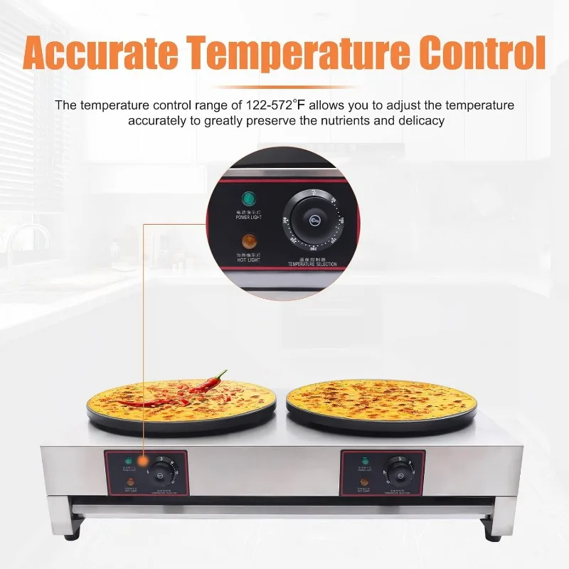 Máquina para hacer crepes comercial de 16 pulgadas, máquina eléctrica para hacer tortitas con doble sartén, placa calefactora redonda antiadherente para crepé