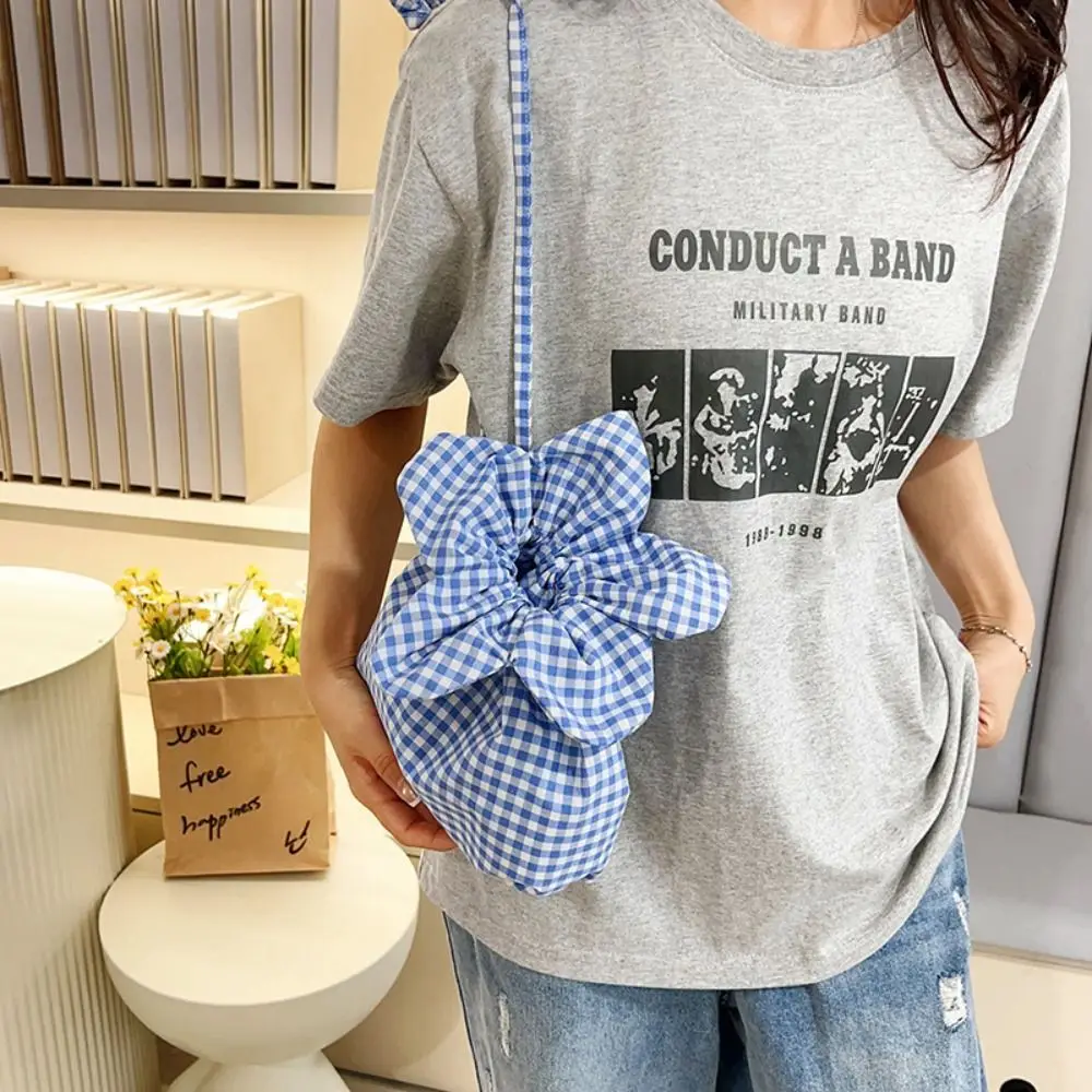 

Милая тканевая сумка-мешок с цветочным принтом и завязками, клетчатая сумка через плечо с цветочным узором, портативная сумка для хранения, сумка на плечо в стиле Ins, для улицы