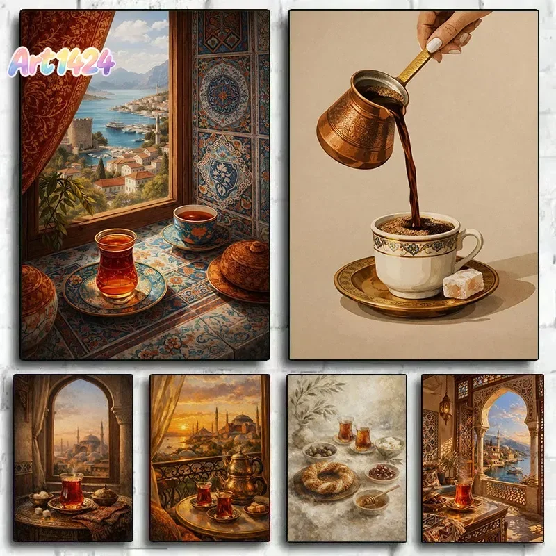 Vintage Oriental Tea Turkish Food Middle Eastern Turkey Architecture Illustration Canvas Poster Wall Art Pictures Home Decor