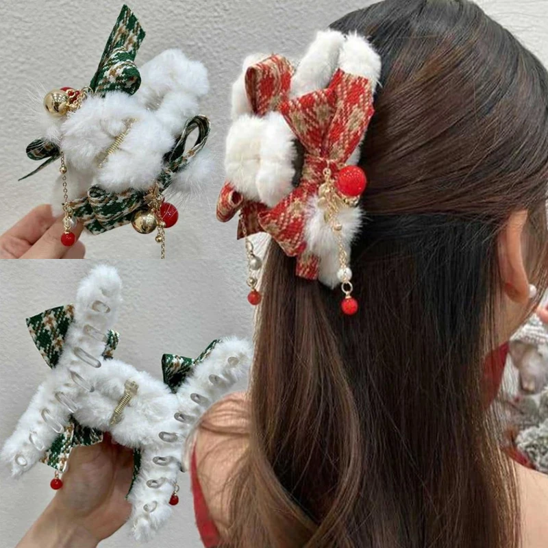 

Autumn Winter Plush Christmas Hair Clips Bows Bell Tassel Hairpin Women's Headwear Elegant New Year Hair Claw Clip Accessories