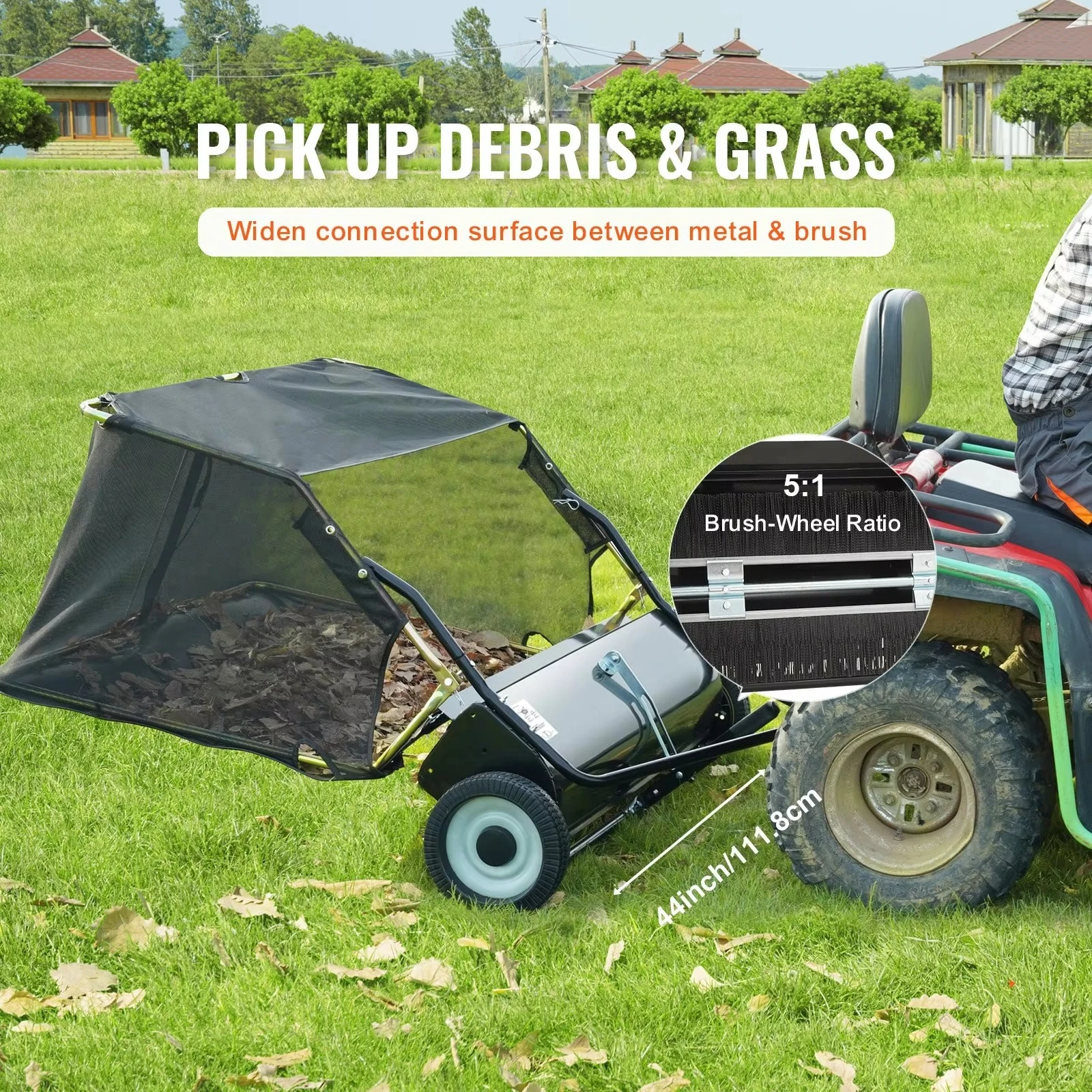 Tow Behind Lawn Sweeper, 44 in Pull Behind Lawn Sweeper, 25 Cu. Ft Large Capacity Leaf & Grass Collector,  Garden Sweeper