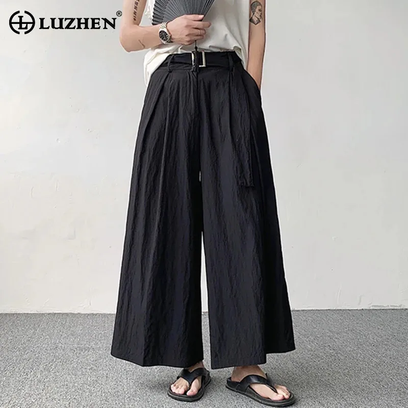 

LUZHEN Solid Color Baggy High Street Straight Pants Original Korean Men's Personality Trendy Elegant Nine Points Trousers LZ4285