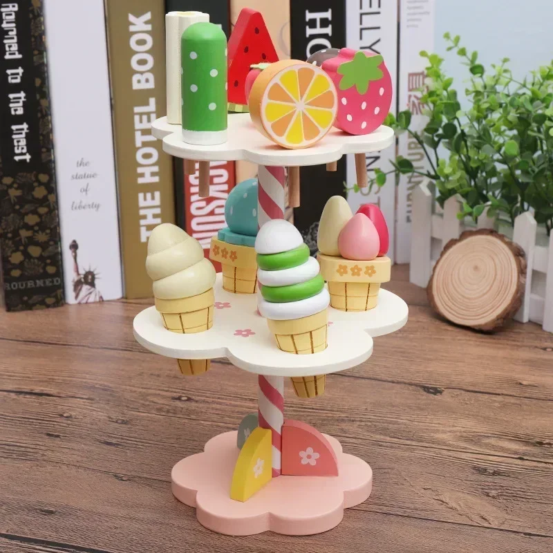 

Pretend Play Wooden Ice Cream Counter Playset for Toddler Toys Montessori Pretend Play Food Toys Kitchen Accessories Toy for Kid