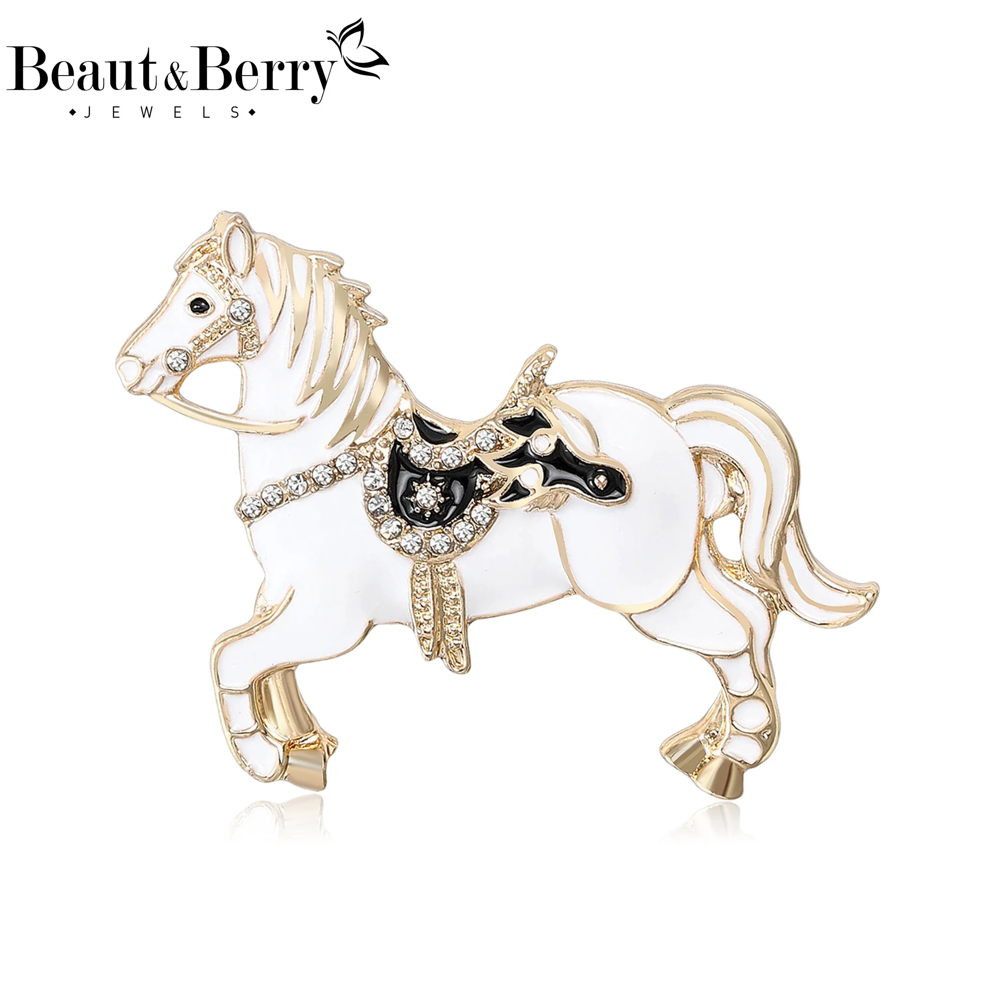 Beaut&Berry Classic Enamel Horse Brooches for Women Zodiac Animal Lapel Pins Casual Party Accessories New Year Gifts Friends