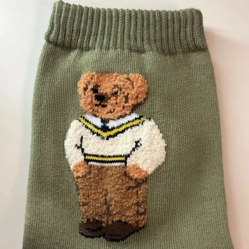 New Trendy Cartoon Bear Mid-Calf Cotton Socks for Women Casual Sweater Female Socks Comfortable Long Women Middle tube Socks image 6