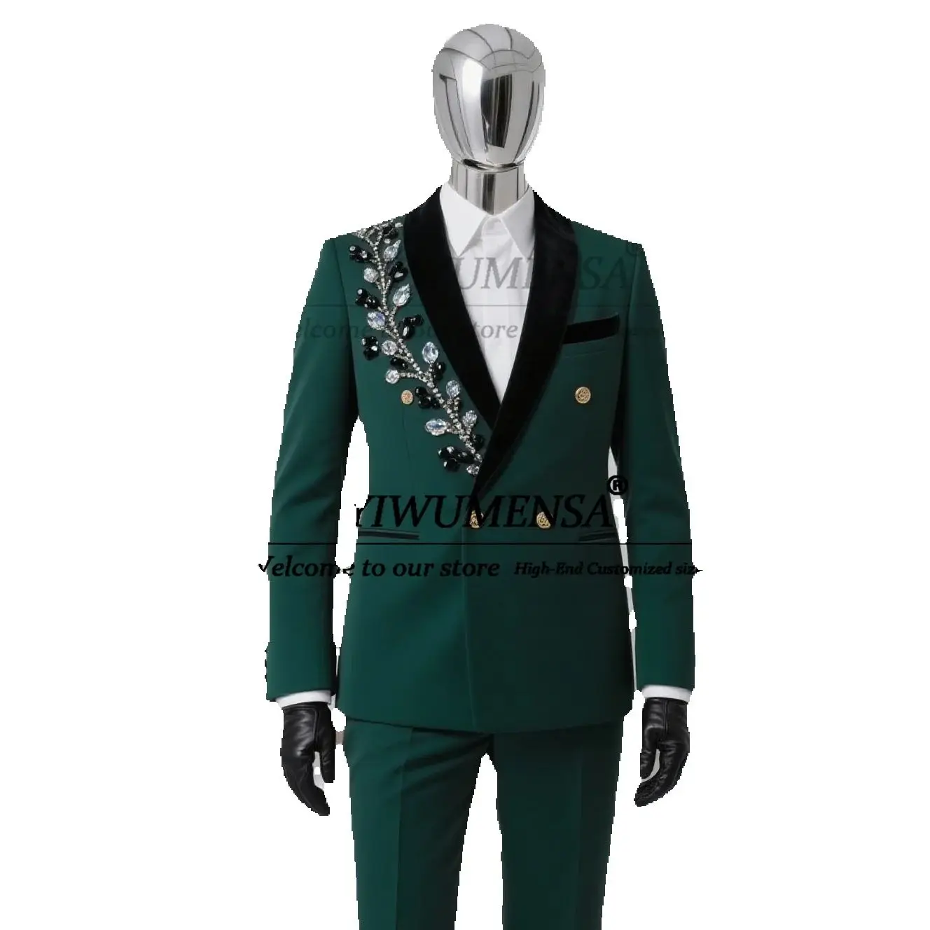 

Elegant Beaded Stones Suits Men Double Breasted Prom Tuxedos Customized 2 Pieces Male Fashion Groom Wedding Blazer Outfit Dress
