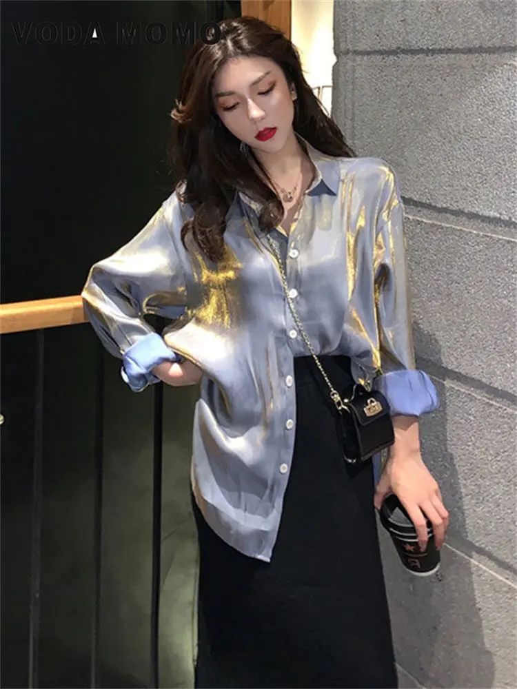 2023 Spring Fashion Loose Turn Down Collar Satin Shirt Woman Button Up Elegant Vintage Long Sleeved Silk Women Advanced Sense