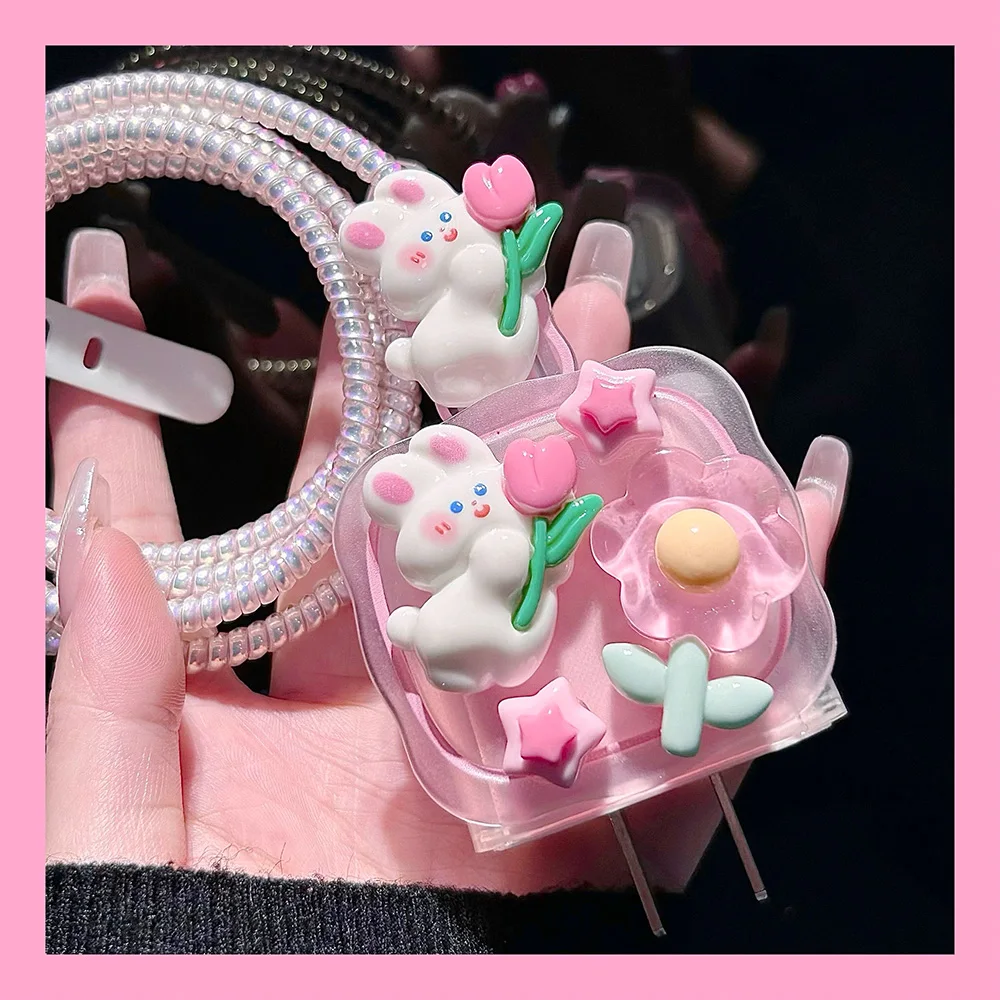3D Flower Rabbit Charger Cover 18W/20W with Cable Winder Protective Case for iPhone 18 17 16 15 14 13 Pro Max US Fast Charging