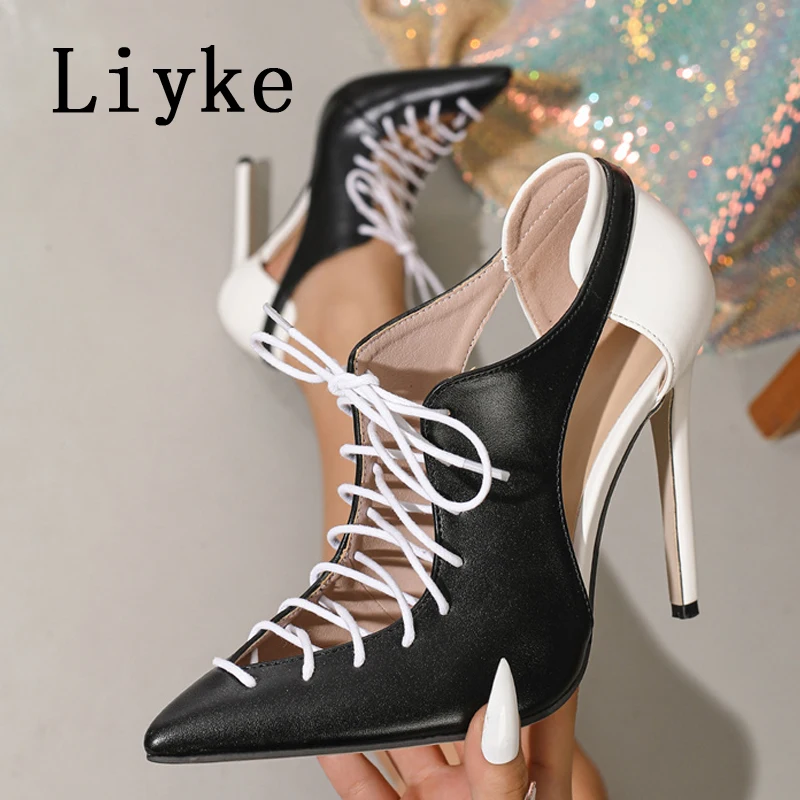 

Liyke Black White High Heels Sexy Pointed Toe Hollow Out Cross Tied Lace Up Stiletto Women Office Single Shoes Pumps Size 35-42