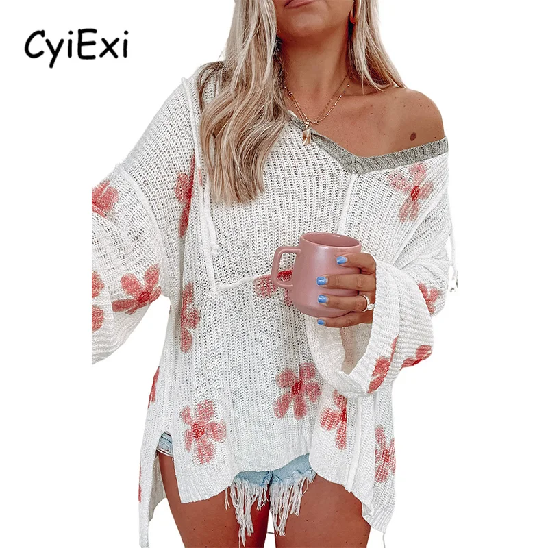 

CyiExi Women Floral Print Lightweight Knit Hooded Sweater Casual Long Sleeve Sweaters with Drawstring Ladies Daily Cardigans Top