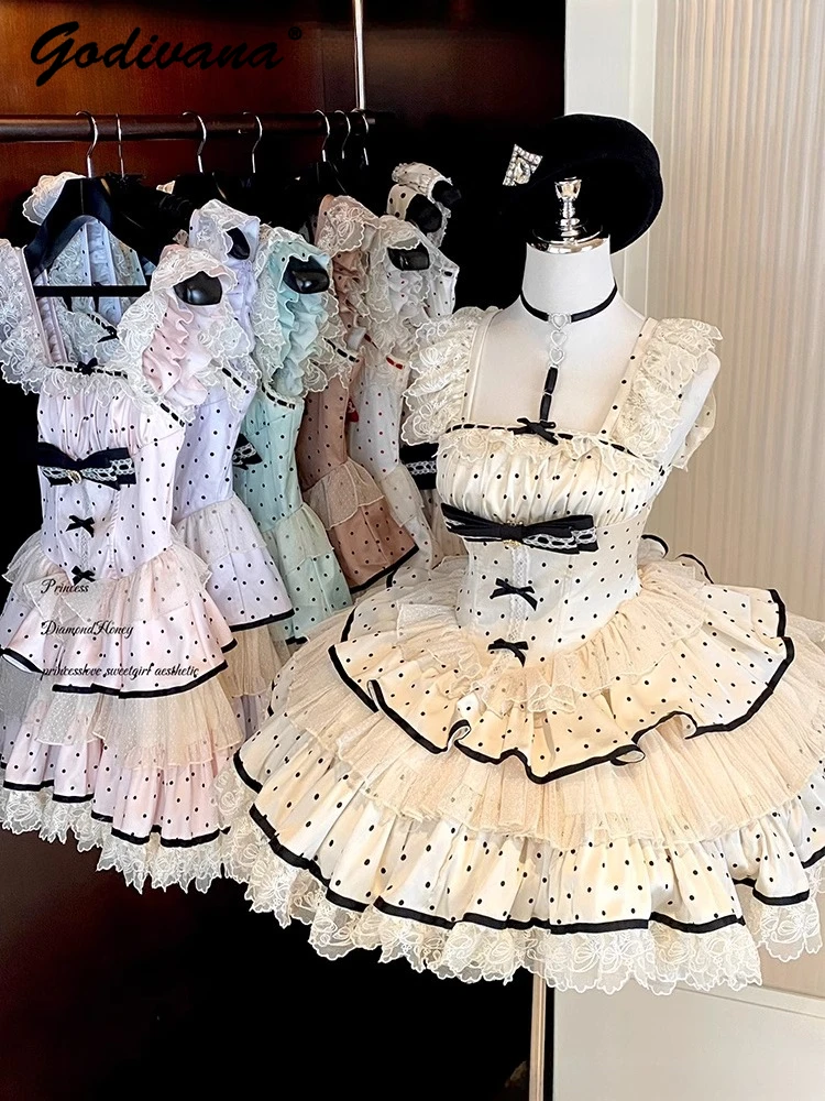 

New Summer Sweet Girl Women's Polka Dots Slim Strapless Lace Princess Dress Cute Puffy Short Party Birthday Dresses
