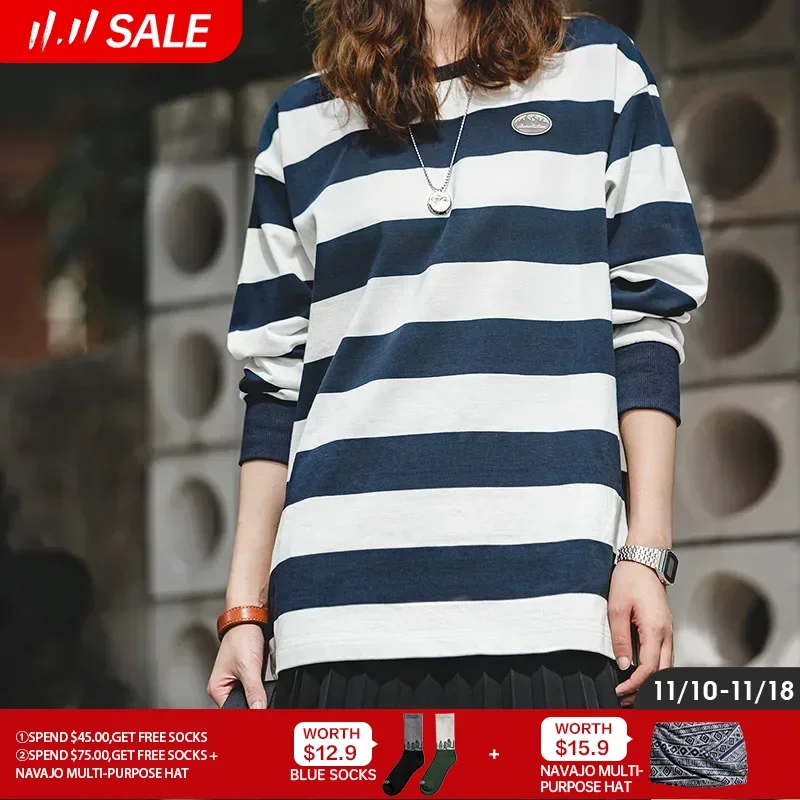 

Maden Stripe Long Sleeve T-Shirts For Women Vintage Oversize Pullovers 100% Cotton Plus Size 320g High Quality Tees 2022 Autumn