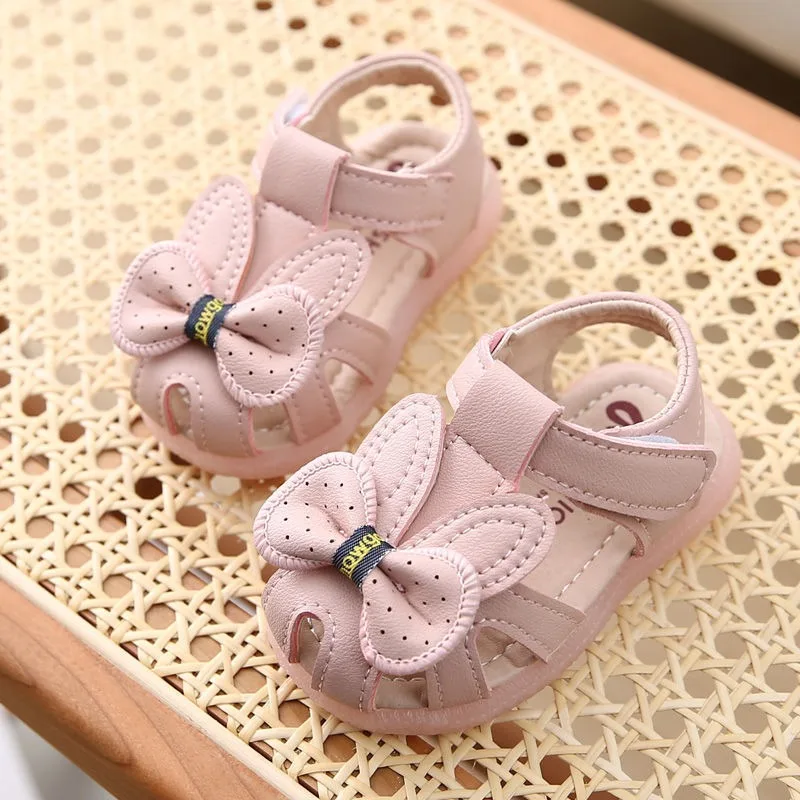 Summer Girls Princess Walking Sandals Kids Bow Soft-Soled Closed-Toe Shoe Children Hollow-Out Beach Shoes Indoor Outdoor Slipper
